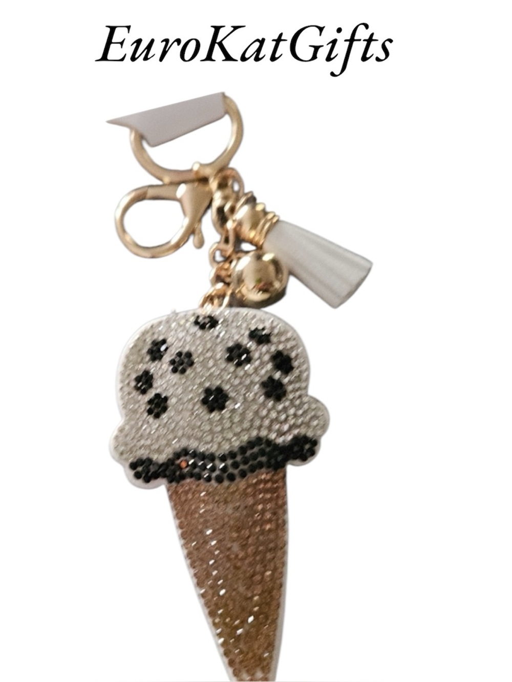 Ice Cream Cone Bag Charm Keychain with White Gold Rhinestones NEW